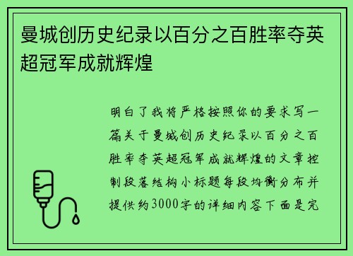 曼城创历史纪录以百分之百胜率夺英超冠军成就辉煌 曼城创历史纪录以百分之百胜率夺英超冠军成就辉煌